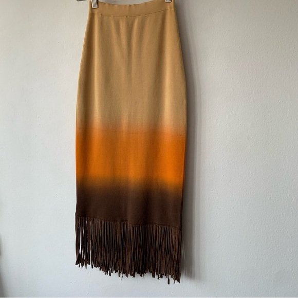 Sandro Aldira Fringe Dip Dye Ombré Festival Midi Column Skirt Brown Tan Orange - Picture 4 of 9